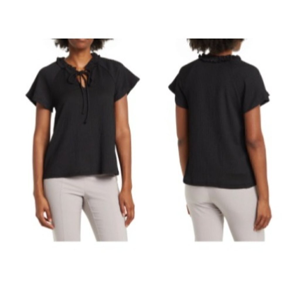 Everleigh‎ Black Pucker Ruffle Neck Short Sleeve Blouse Size Small